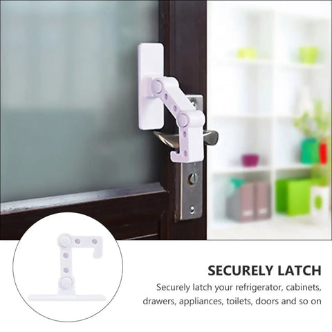 Kid Proof Cabinet And Appliance Door Lock In White Plastic With A Sturdy Lever Secured On Door For Childproofing