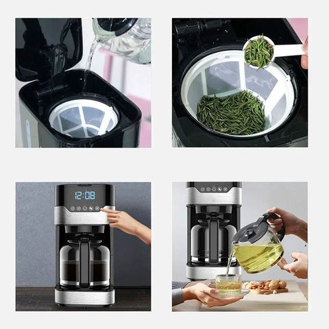 Four Cup Coffee Maker With Timer Pause And Pour Anti Drip Brew For Real Kickass Flavor Stainless Steel Carafe Thermal Permanent Filter Brew Strength Control Fast Start Compact Home Office Coffee Machine Built For Everyday Mornings shown being used and displayed.