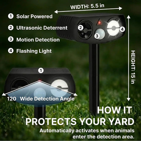 Solar Ultrasonic Animal Repeller Outdoor With Motion Sensor PIR Auto Deterrent For Yard And Garden LED Flashing Light Weatherproof 2 Pack Keeps Pests And Critters At Bay No Fuss Hands Free, black 15 in stake