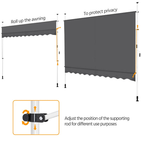 No Drill Manual Retractable Awning 118 By 118 Inches Outdoor Sunshade Shelter With Adjustable Angle And Height Patio Door Window Canopy With UV Protection Dark Gray Backyard showing rolled and unrolled positions with adjustable poles.