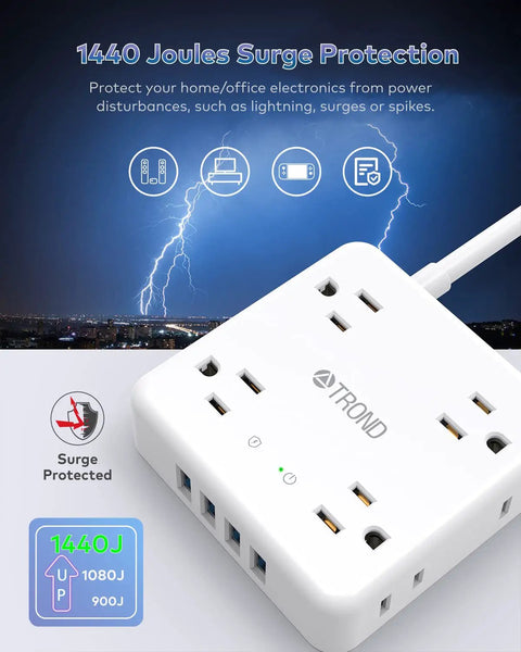 12 In 1 Power Strip Surge Protector With USB Ports And Eight Widely Spaced Outlets 1440 Joules 6 Foot Extension Cord