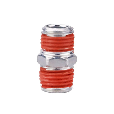 Heavy Duty Industrial One Quarter Inch NPT Air Tool Coupler And Plug Kit 7 Piece Set with red and silver zinc plated steel coupler