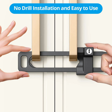 Solid Kidproof Cabinet Lock Two Pack Key Alike With Four Heavy Duty Keys Quick Grip Baby Proof Drawer Latch in use on cabinet.