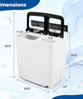 Compact Twin Tub Portable Washing Machine Featuring High Speed Drain Pump Quick Spin Dryer Combo dimensions measurements in gray.