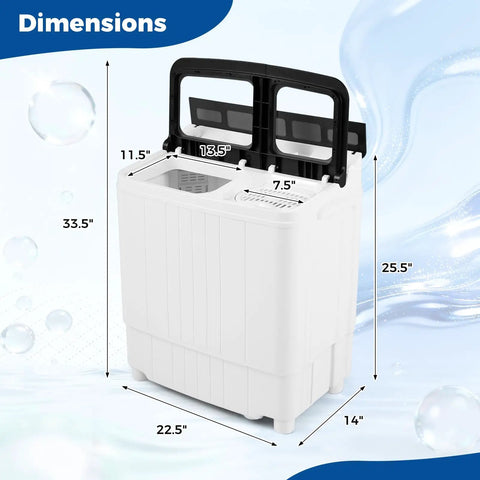 Compact Twin Tub Portable Washing Machine Featuring High Speed Drain Pump Quick Spin Dryer Combo dimensions measurements in gray.