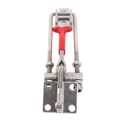 90 Degree Toggle Clamp Fastener with plastic cover handle, solid stainless steel build for home decor, machinery, welding, and mold making.