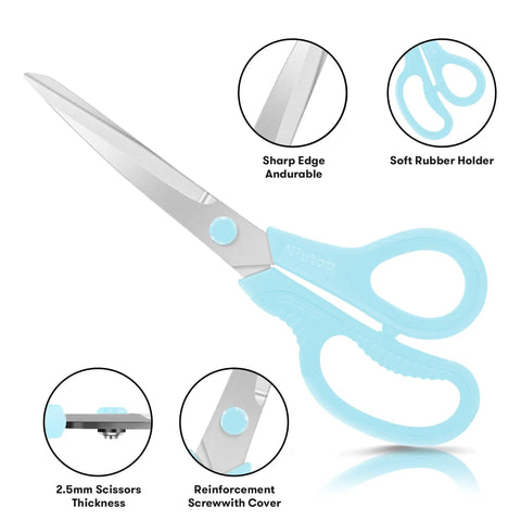 Three Pack 8 Inch All Purpose Scissors Heavy Duty Ergonomic Comfort Grip Workhorse For Office Home School Arts And Crafts Cutting Paper Cardboard Fabric Photos Projects, blue handle close-up