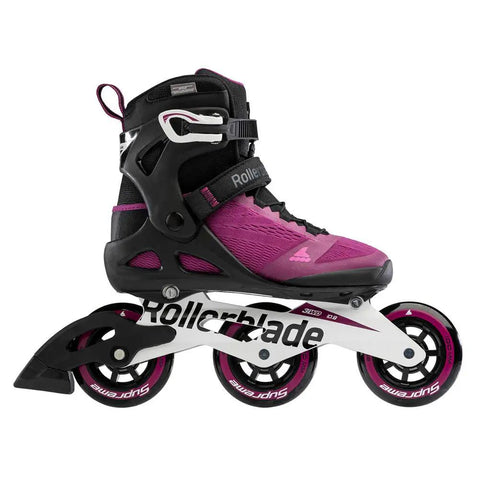 Side view of Macroblade 100 3WD womens inline skates in violet and black with high cuff support and 100mm wheels for fitness and training.