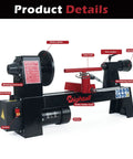 Top Shelf Benchtop Wood Lathe Pumping Solid Power Inside A Roomy Base with speed control knob and motor for woodworking.