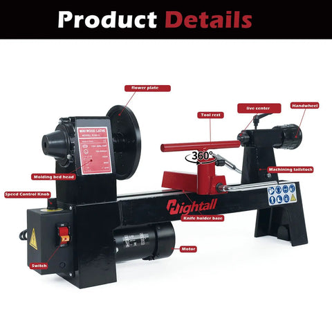 Top Shelf Benchtop Wood Lathe Pumping Solid Power Inside A Roomy Base with speed control knob and motor for woodworking.