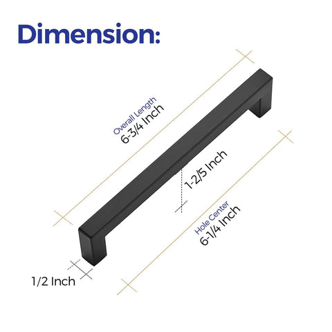Dimension details of 30 Pack Square Cabinet Handles In Matte Black Stainless Steel For Kitchen Drawers, 6-1/4 Inch Center To Center Hardware