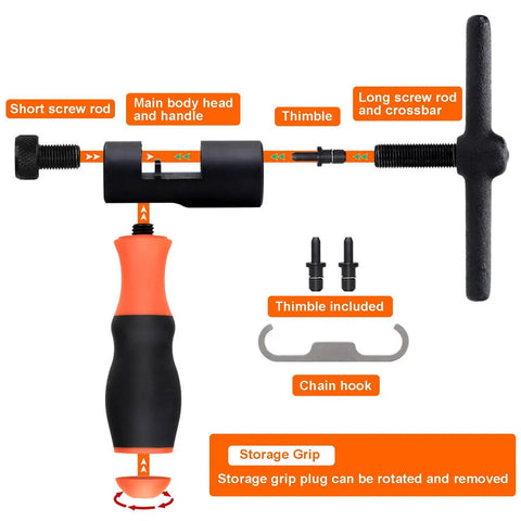 Bike Chain Breaker Tool Universal For 1 3 5 6 7 8 9 10 11 12 Speed Chains With Spare Replaceable Pin shown disassembled