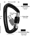 Rock Solid Locking Carabiner With Screw Gate And Keylock Nose Design crafted from 7075 Aluminum Alloy, major axis 25 kN, minor axis 8 kN.