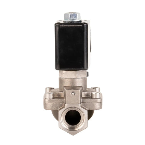 Front view of Half Inch NPT Solenoid Valve 12V DC Stainless Steel AISI 316 Viton Seal Normally Closed Diesel Ready Control Valve