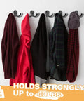 Heavy Duty Double Prong Wall Hooks Set, Metal Wall Mounted Coat Hooks holding various coats on a wall