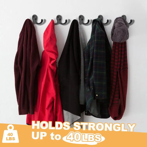 Heavy Duty Double Prong Wall Hooks Set, Metal Wall Mounted Coat Hooks holding various coats on a wall