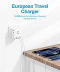 Seven In One Foldable European Travel Plug Adapter With Four AC Outlets And Three USB Ports Type C for charging devices