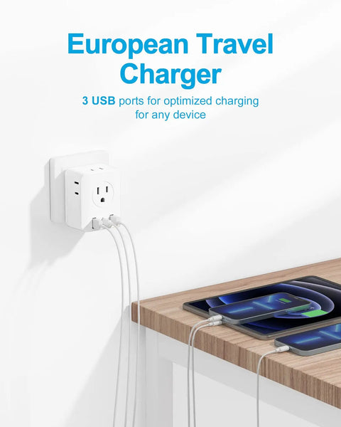 Seven In One Foldable European Travel Plug Adapter With Four AC Outlets And Three USB Ports Type C for charging devices