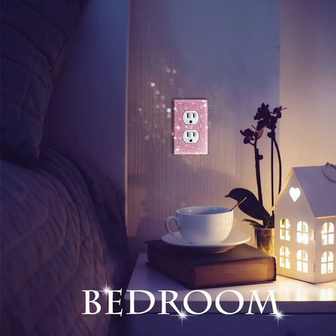 Bedroom scene showing Pink Rhinestone Light Switch Covers Set of 4 Sparkly Wall Plate Covers For Standard Switch Plates Outlet Covers