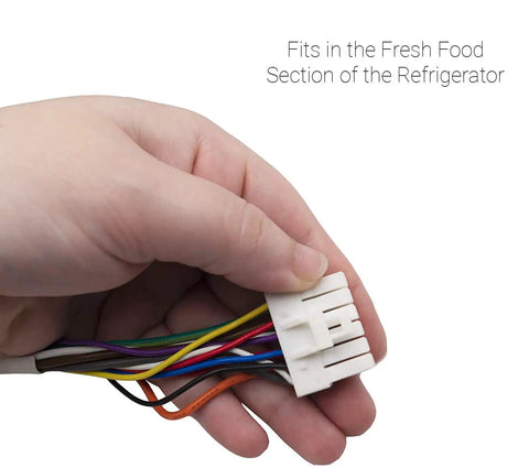 Hand holding wires and plug for Model Specific Refrigerator Ice Maker Assembly Replacement For French Door Units DA97-07365G DA97-07365A