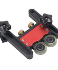 Premium Roller Table Saw Feeder For Woodworking Bench With Anodized Aluminum Base And Flexible Polyurethane Wheels, detail view from above.
