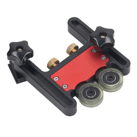 Premium Roller Table Saw Feeder For Woodworking Bench With Anodized Aluminum Base And Flexible Polyurethane Wheels, detail view from above.
