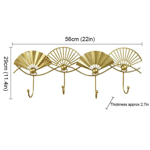 Top Shelf Golden Wall Mounted Coat Rack Featuring Tough Fan Shaped Hooks Rust Resistant Steel with dimensions 56cm by 29cm.