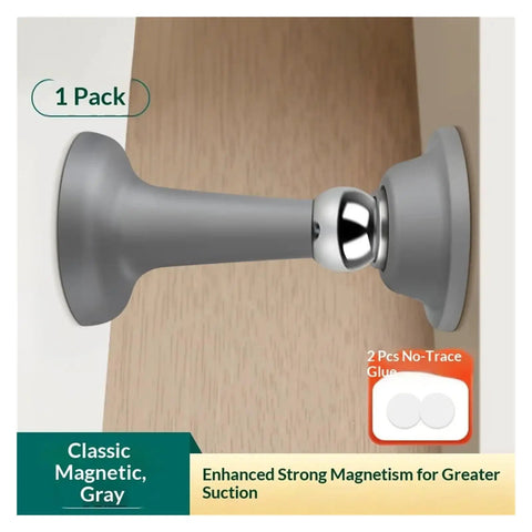 Ditch The Drill Grab This Gray Silicone Magnetic Door Stopper With Anti Collision Catch Holder For Smooth No Damage Installation On Bedroom And Indoor Doors Today, displayed attached to the wall.