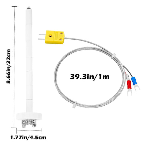 K-type thermocouple block ceramic kiln insulator with white ceramic probe, 1m braided wire, and yellow plug (front view)