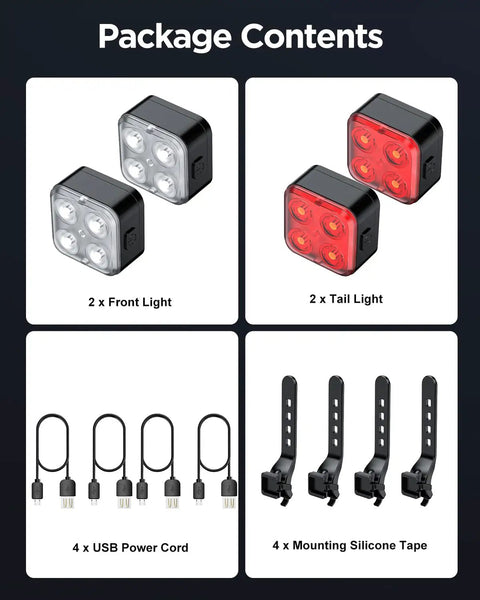 Rechargeable Front And Rear Bike Lights Set With USB Charging Four Modes IPX4 Waterproof Easy Install Epic For City Everyday Commuting And Road Rides 2 Pack