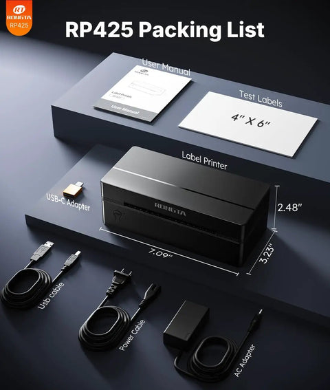 Wireless Bluetooth 4x6 Thermal Shipping Label Printer For Fast Package Labeling with accessories including cables and adapter.
