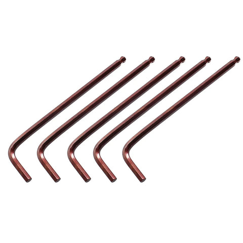 Five Go To 5mm Hex Key Wrench Set, 5 Piece L Shaped Allen Keys With Ball End For Bike And Furniture Repair, arranged in a row