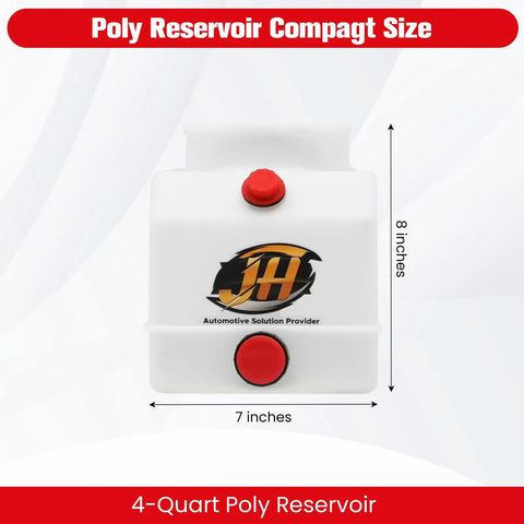 Front view of 4 Quart Poly Power Unit Reservoir For Hydraulic Systems Polyethylene Flat Bottom Utility Fluid Tank with measurements
