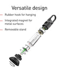 Diagram of ML6 Camping Lantern With Micro Prism LED showing parts including rubber hook, magnet, and removable stand.