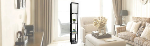 Black 62.5 Inch Modern Etagere Floor Lamp With Three Shelves For Storage And Display Space in living room setting