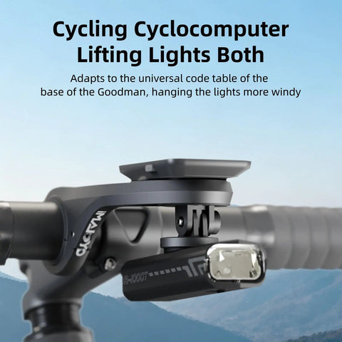 Out Front Bike Computer Mount For Garmin Edge XOSS G iGPSPORT And More With GoPro Adapter, mounted on handlebars with light.