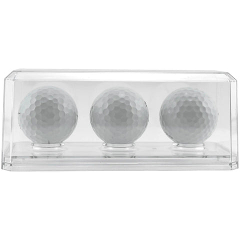 Clear Plastic Golf Ball Display Case For 3 Balls With Clear Base, Stackable Polystyrene Holder With 3 golf balls visible inside
