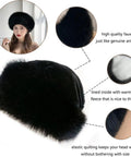 Women's Winter Faux Fox Fur Beanie Hat With Plush Lining, black faux fur hat with plush interior and highlighted texture details.