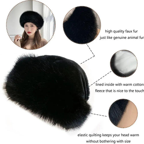 Women's Winter Faux Fox Fur Beanie Hat With Plush Lining, black faux fur hat with plush interior and highlighted texture details.
