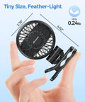 Must Have Clip On Baby Fan With Rechargeable Battery, 3 Speed Portable Stroller Fan held in hand showing size and clip detail