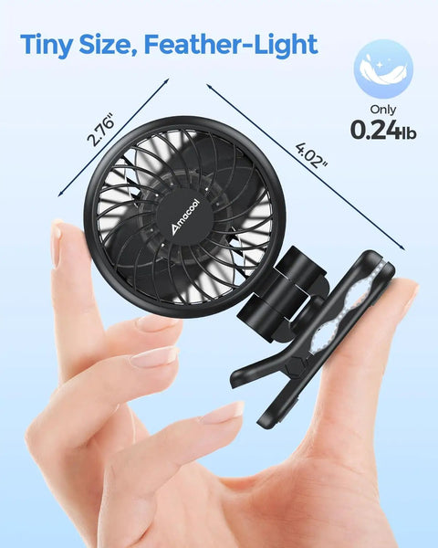 Must Have Clip On Baby Fan With Rechargeable Battery, 3 Speed Portable Stroller Fan held in hand showing size and clip detail