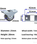 Dead Quiet Low Profile Caster Wheels Four Pack dimensions showing 25mm diameter wheels and metal mounts for easy swap on furniture.