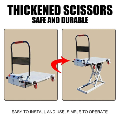 Heavy Duty Industrial Electric Scissor Lift Table With Easy Roll Casters Foldable Hydraulic Platform Cart, shown in folded and raised positions.