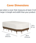 Outdoor Patio Furniture Cover For Large Table And Chairs Waterproof UV Resistant Weatherproof With Secure Straps Beige Tan 110 By 84 Inches Beefy Heavy Duty Polyester Fits Rectangular Or Oval Sets covering table and chairs with dimension measurements.