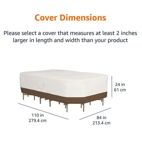 Outdoor Patio Furniture Cover For Large Table And Chairs Waterproof UV Resistant Weatherproof With Secure Straps Beige Tan 110 By 84 Inches Beefy Heavy Duty Polyester Fits Rectangular Or Oval Sets covering table and chairs with dimension measurements.