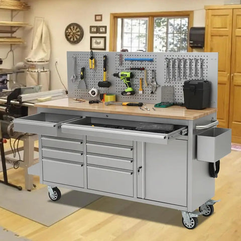 61 Inch Rolling Tool Chest With Ten Drawers For Garage, Heavy Duty Mobile Workbench Storage Cabinet With Power Strip in workshop