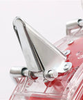 Close-up of durable metal precision garden seeder with clear seed storage box, focusing on metal component and fasteners.