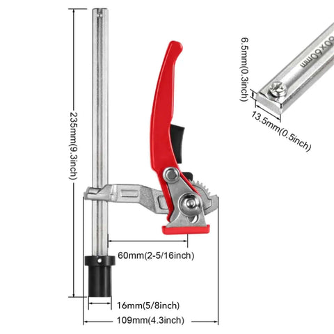 2 Pack Go-To Bench Dog Clamps For 5/8 Inch Holes Quick Ratchet Hold Down Jaws CrV Steel with dimensions and red handle.