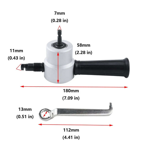 Double Head Metal Sheet Nibbler Cutter For Drill Attachments And Hole Saw Bits with measurements and wrench displayed