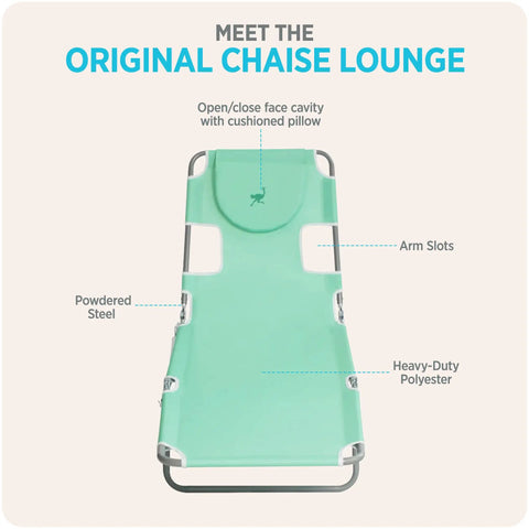 Teal Open Face Chaise Lounge With Face Cavity Design, Arm Slots, And Plush Pillow, Ultra Lightweight Foldable Tanning Lounger